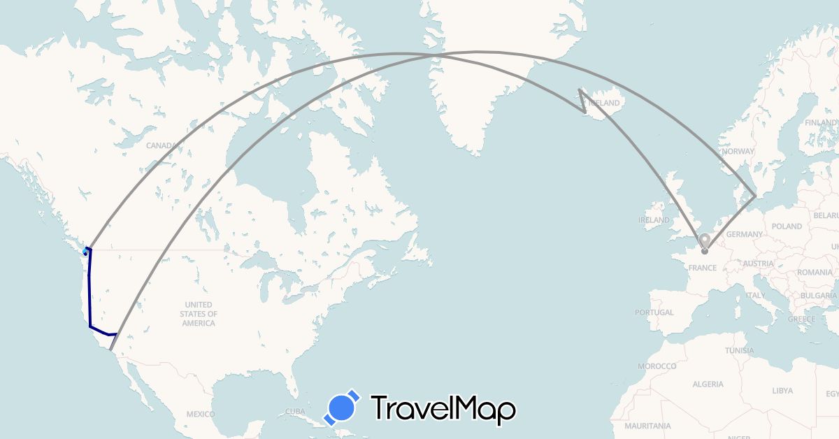 TravelMap itinerary: driving, plane, boat in Canada, Denmark, France, United States (Europe, North America)